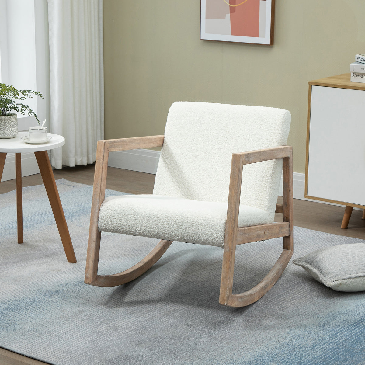 Fauteuil à bascule fauteuil allaitement rocking chair en tissu effet laine bouclée avec pieds en bois massif-7