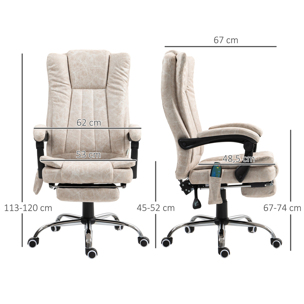 Fauteuil de bureau massant et chauffant avec hauteur réglable, dossier inclinable, repose-pied et télécommande, crème-2
