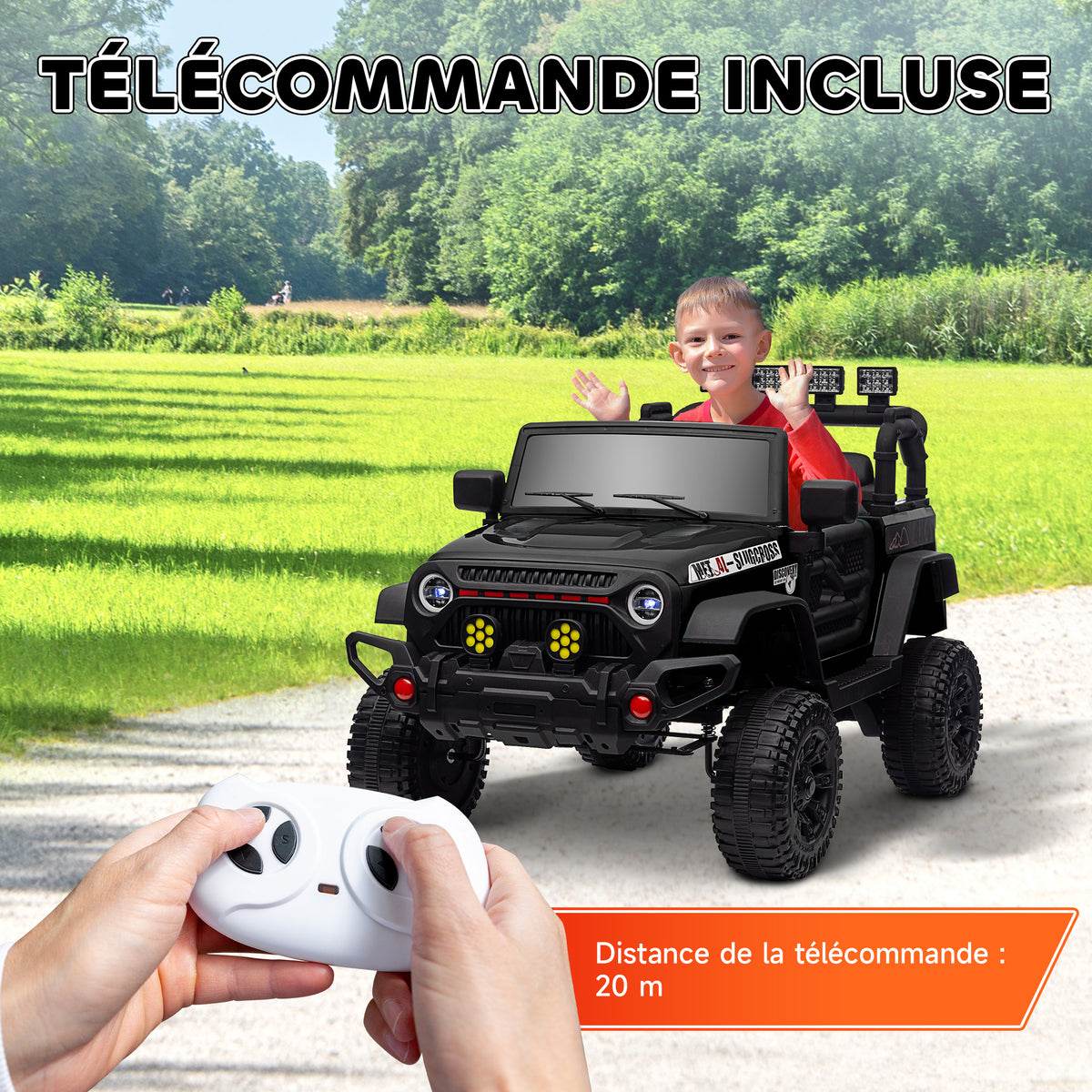 Voiture électrique enfants UTV avec télécommande 2,4G, 2 moteurs 12 V, musique, klaxon, lumières LED, 100x63x65cm, noir-6
