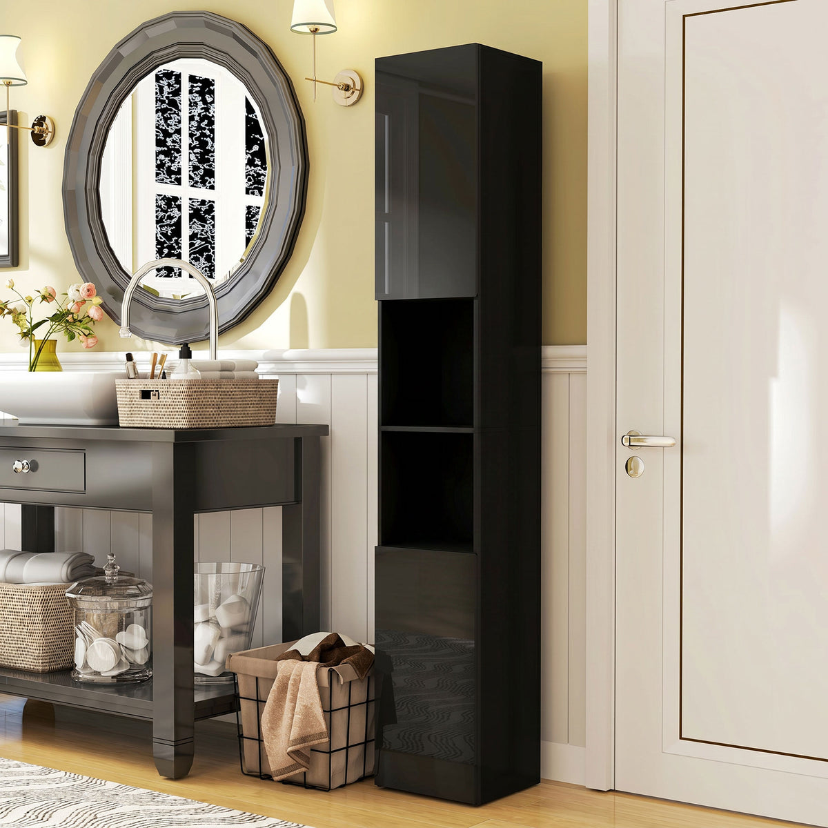 Meuble colonne de salle de bain 2 placards avec étagères réglables + 2 niches 30 x 30 x 181,5 cm noir-1