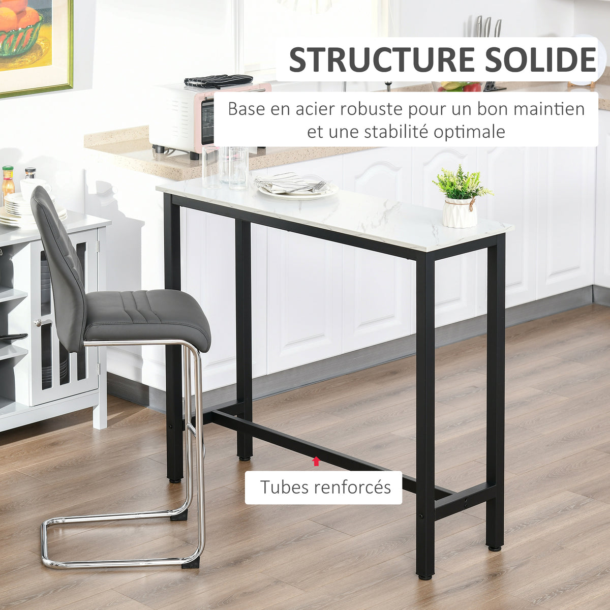 Table de Bar Table Haute de Cuisine Mange-debout - dim. 120L x 40l x 100H cm - châssis piètement Acier, Plateau Aspect marbre Blanc-4