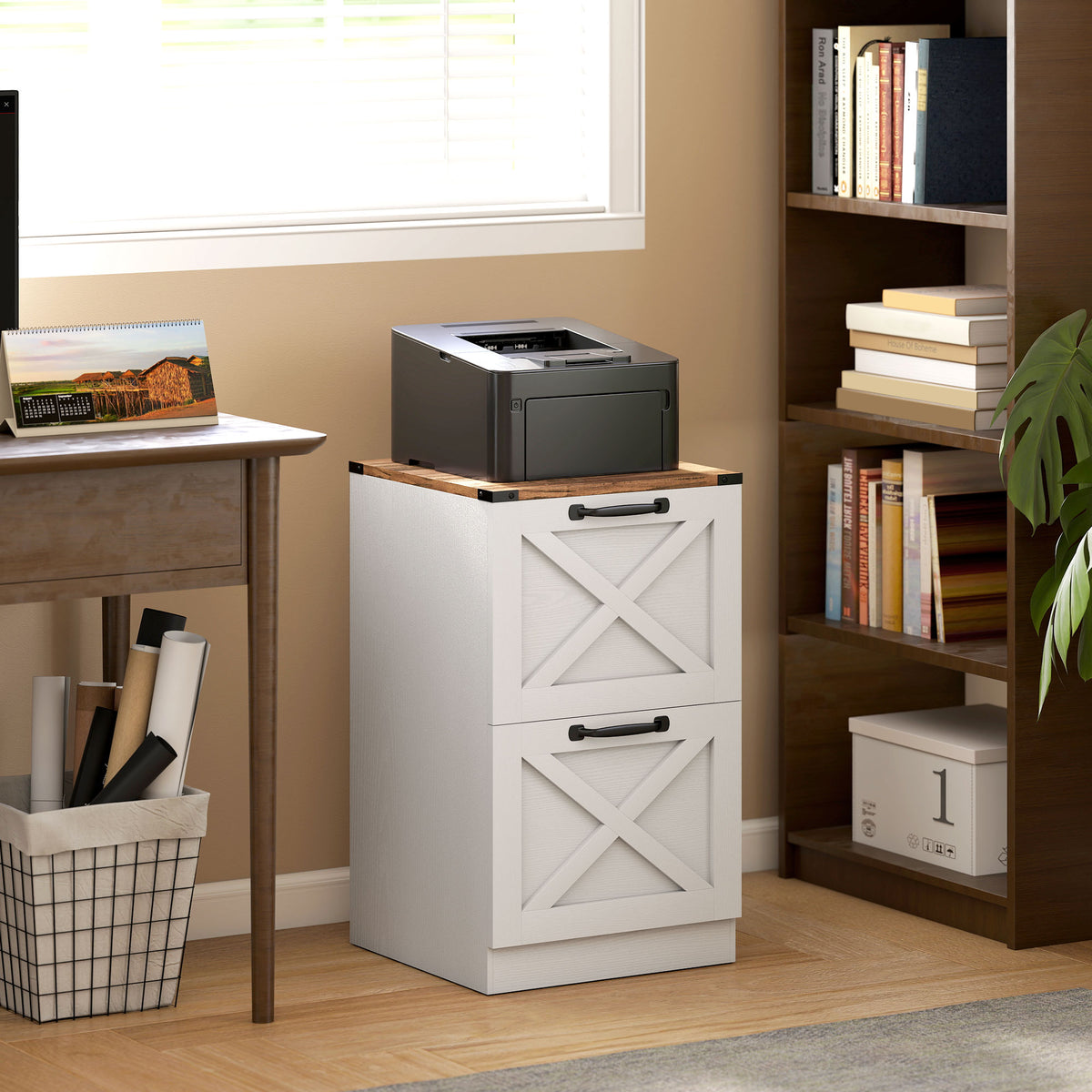 Caisson de Bureau avec 2 Tiroirs, Dossiers Suspendus pour Formats Lettre/A4, Style Rustique, 40x40x71cm, Blanc-9