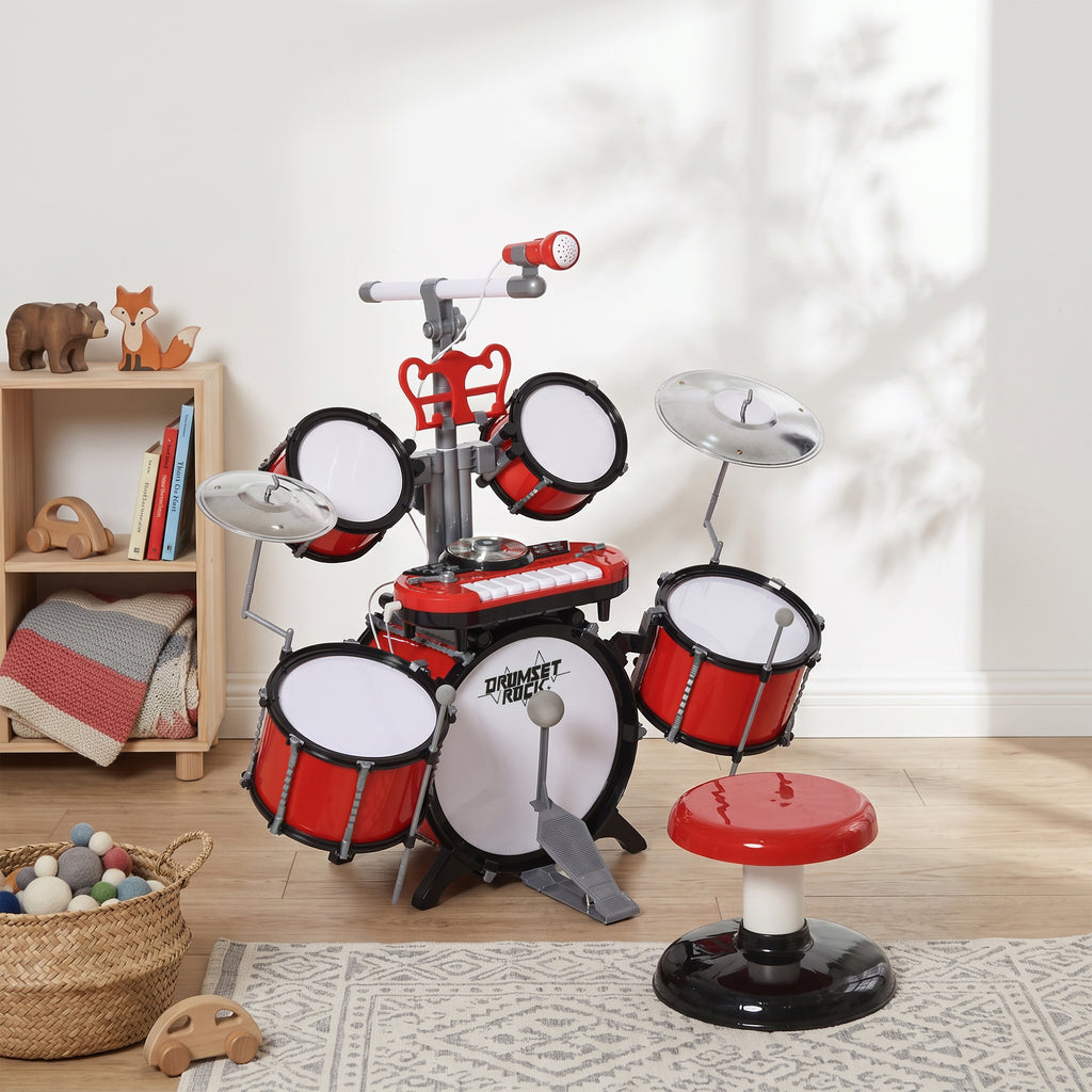 Kit de Batterie pour Enfants avec Tabouret, Clavier Électronique, Microphone, Connecté via USB, 77,5x40x76,5cm, Rouge-7