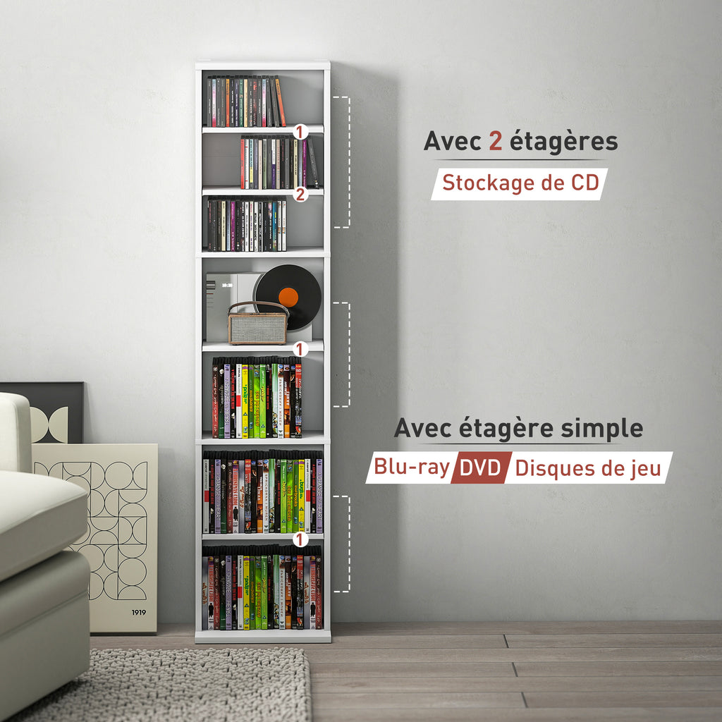 Rangements pour CD et DVD 9 compartiments et 6 étagères réglables capacité max. 260 CD/120 DVD 33 x 24 x 140 cm blanc-7