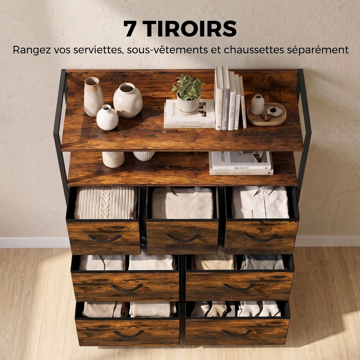 Meuble de rangement commode 7 tiroirs en tissu pliables et amovibles étagères ouvertes, brun rustique-3