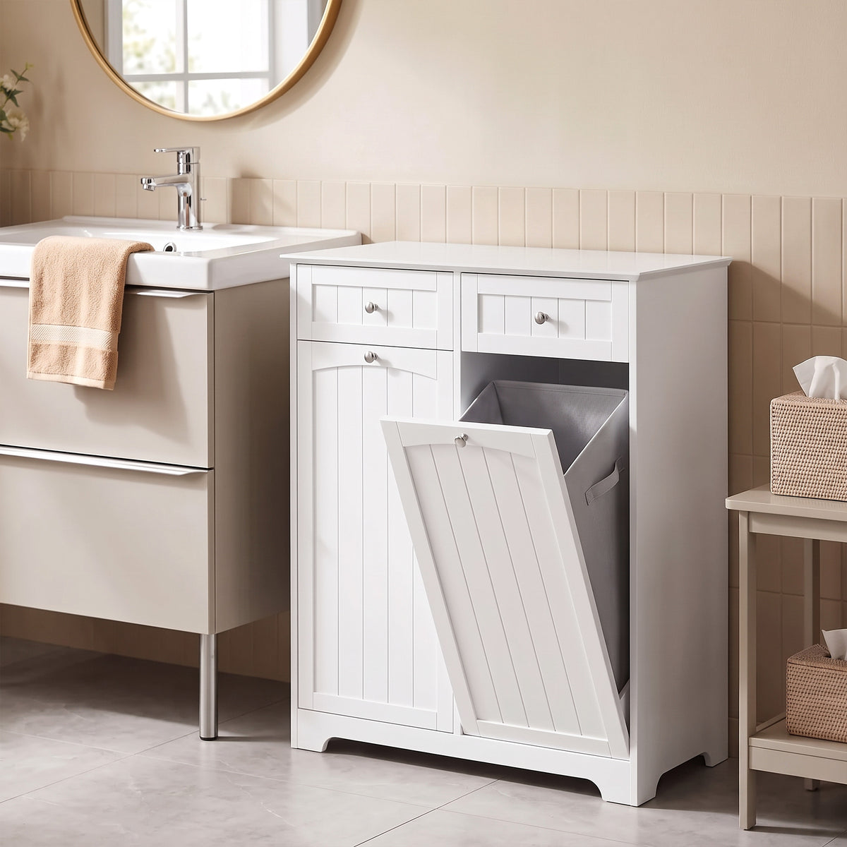 Meuble de Salle de Bain Moderne, 2 Tiroirs, 2 Paniers à Linge, Sacs Amovibles avec Poignées, 78 x 38 x 90 cm, Blanc-1