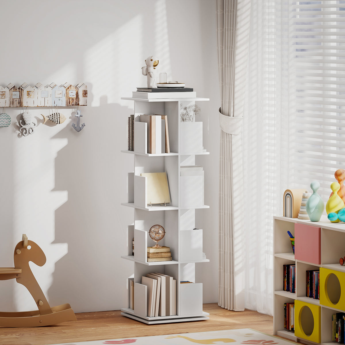 Bibliothèque rotative à 4 niveaux, étagère rangement avec 16 compartiments, 39 x 39 x 128,3 cm, blanc-6