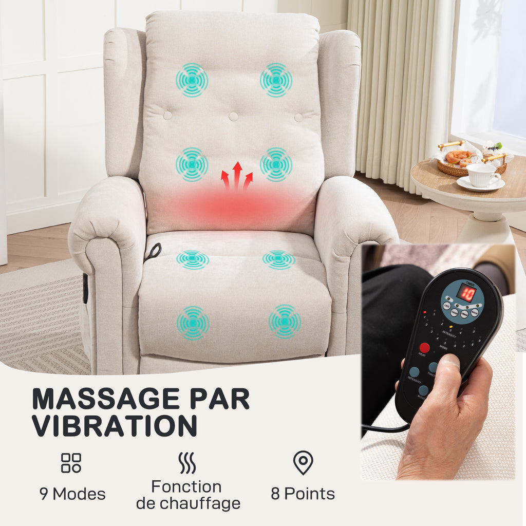 Fauteuil relax massant et chauffant avec dossier et repose-pieds réglable manuellement, poche latérale, beige-3