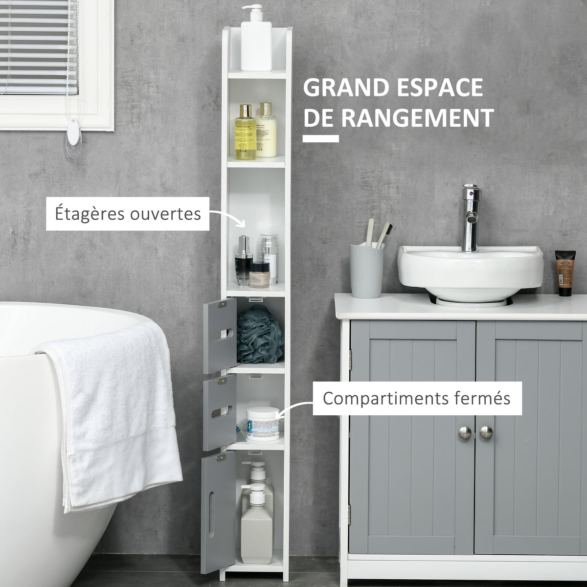 Meuble colonne de salle de bain armoire toilette haute avec étagères et placards - 15 x 17 x 120 cm gris-3