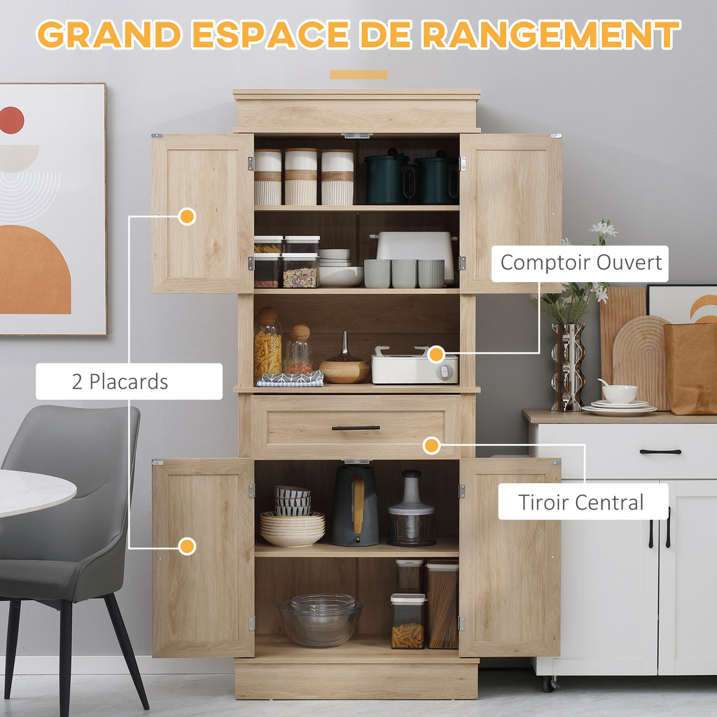 Armoire de cuisine buffet cuisine vaisselier meuble de rangement style moderne avec placards, étagères réglables, tiroir, et niche, pour salle à manger, salon, 74 x 39,5 x 183 cm, chêne clair-3