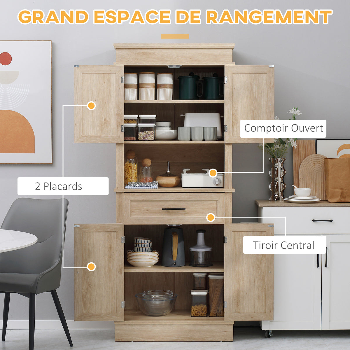Armoire de cuisine buffet cuisine vaisselier meuble de rangement style moderne avec placards, étagères réglables, tiroir, et niche, pour salle à manger, salon, 74 x 39,5 x 183 cm, chêne clair-3