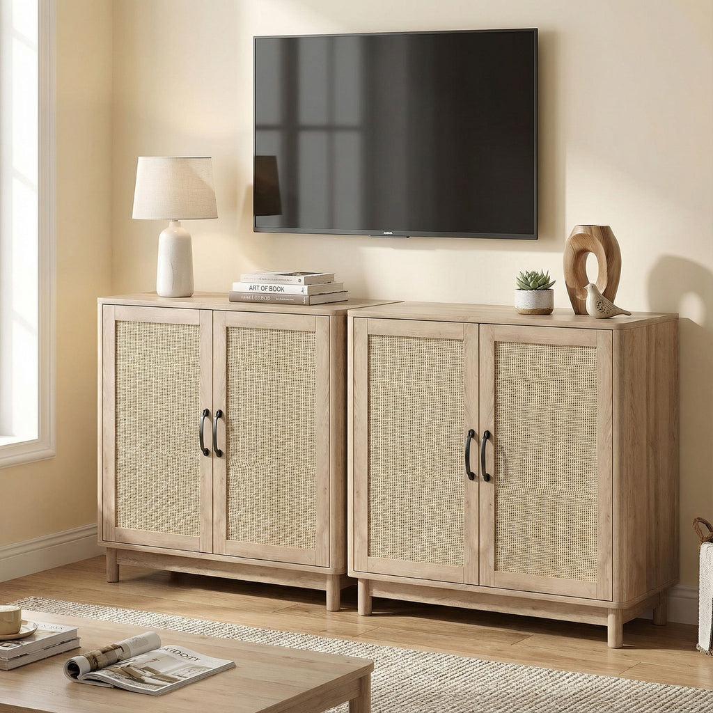 Buffet salon, meuble de rangement avec 2 portes en rotin, étagère réglable et bords arrondis, 76 x 35 x 75,5 cm, chêne-6