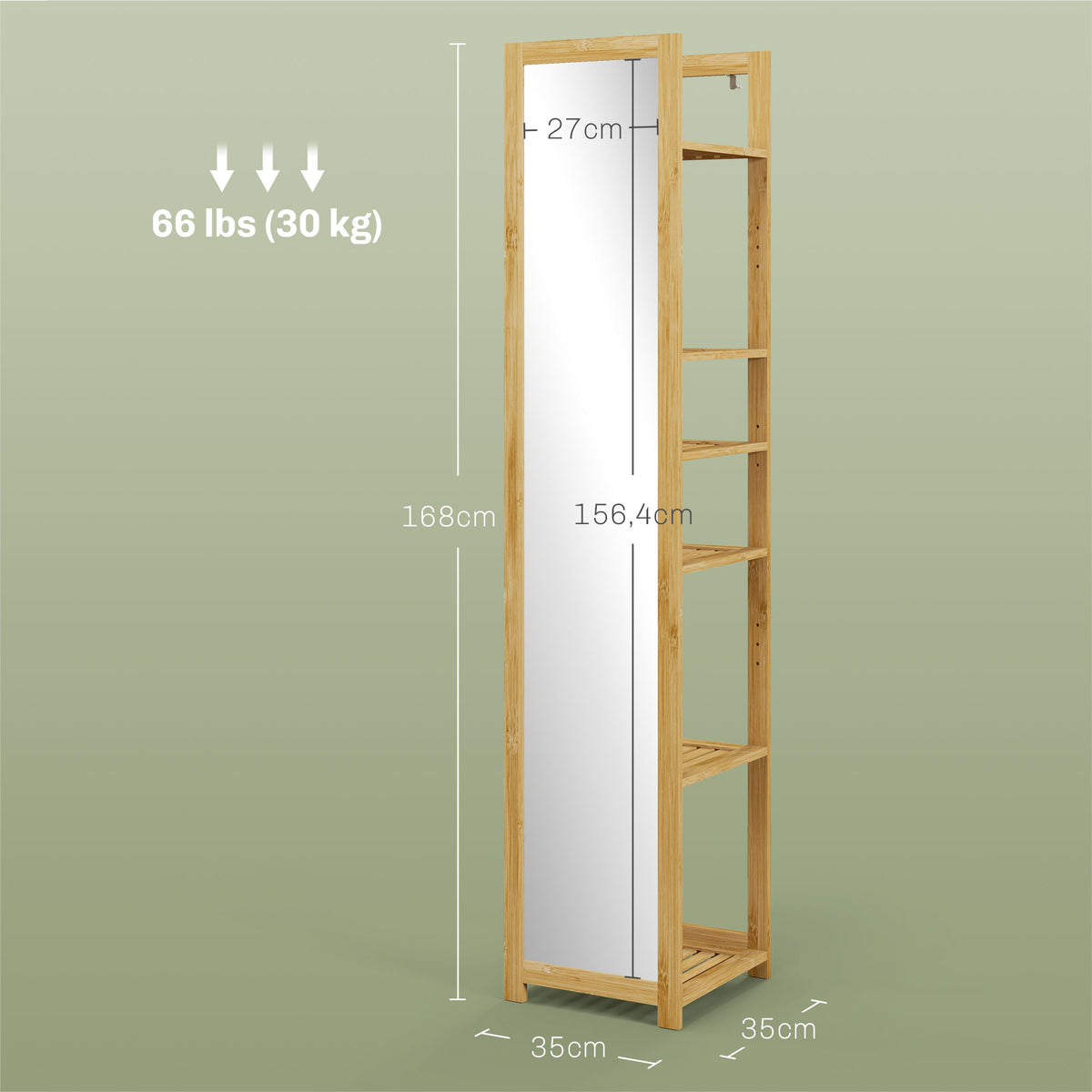 Meuble colonne de salle de bain à 6 niveaux en bambou avec miroir, 6 étagères, naturel, 35L x 35l x 168H cm-2