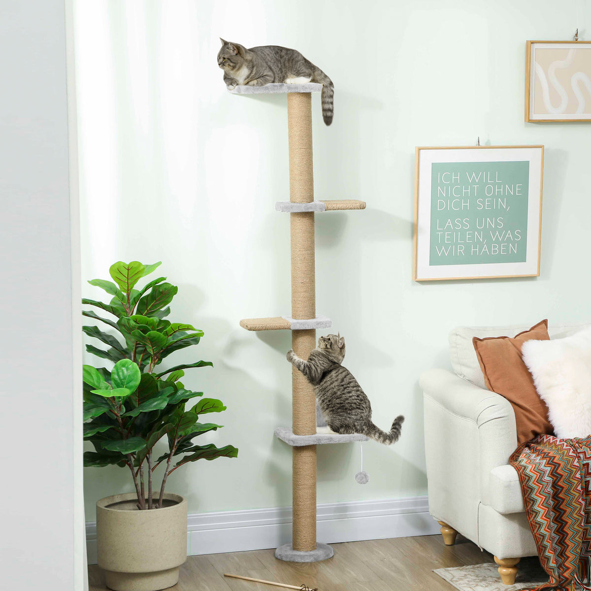 Étagères Murales pour Chat 180 cm, 4 Plateformes d'Escalade, Poteau à Griffer en Jute et Jouet Suspendu, Gris Clair-1