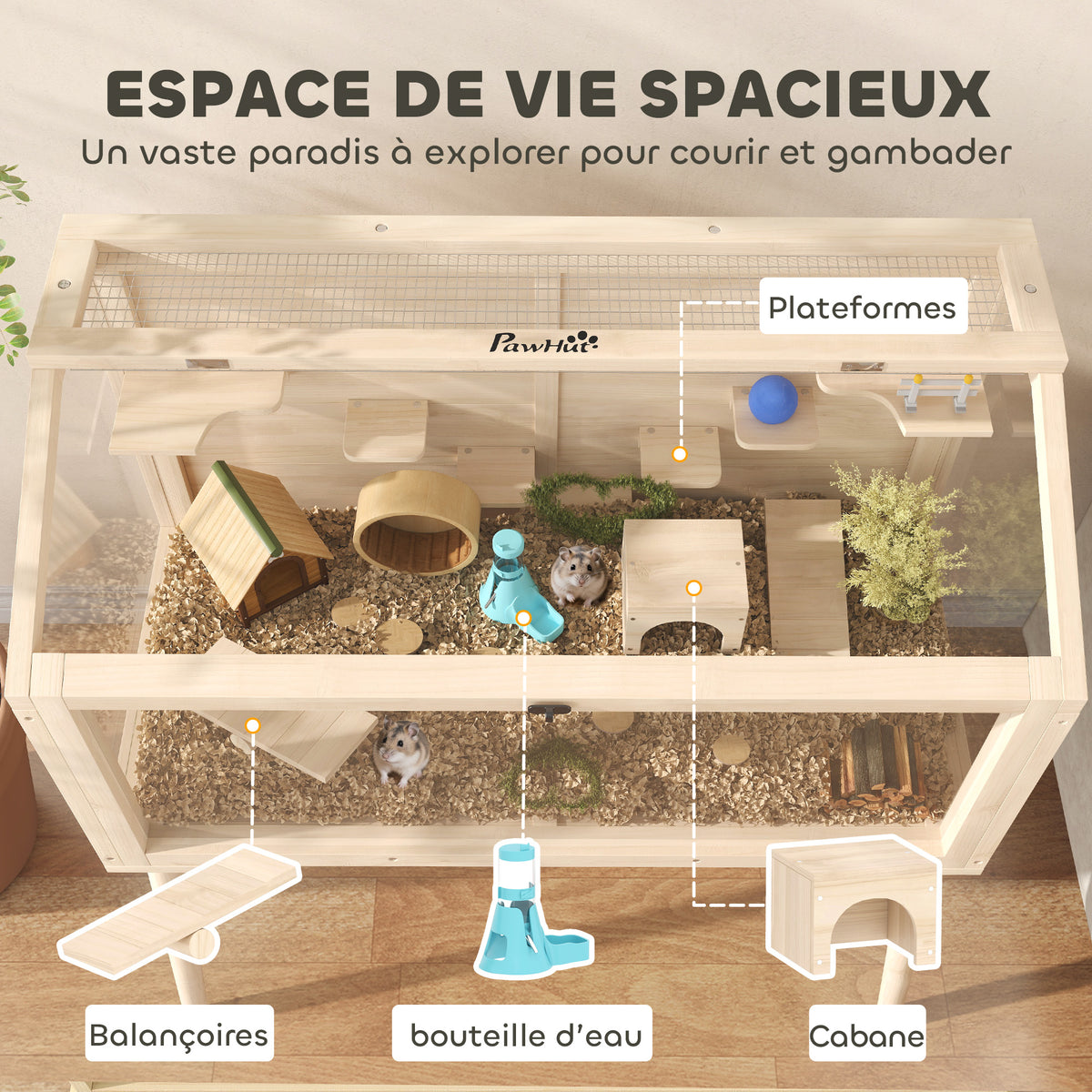 Cage hamster habitats pour rongeur bois toit ouvrable 7 plateformes 2 balançoires 110x52x101cm effet bois naturel-3