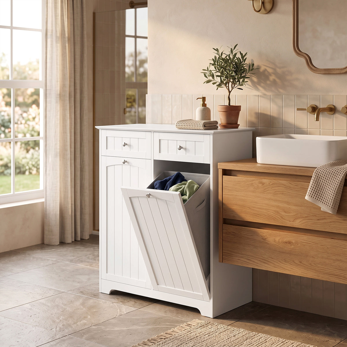 Meuble de Salle de Bain Moderne, 2 Tiroirs, 2 Paniers à Linge, Sacs Amovibles avec Poignées, 78 x 38 x 90 cm, Blanc-8