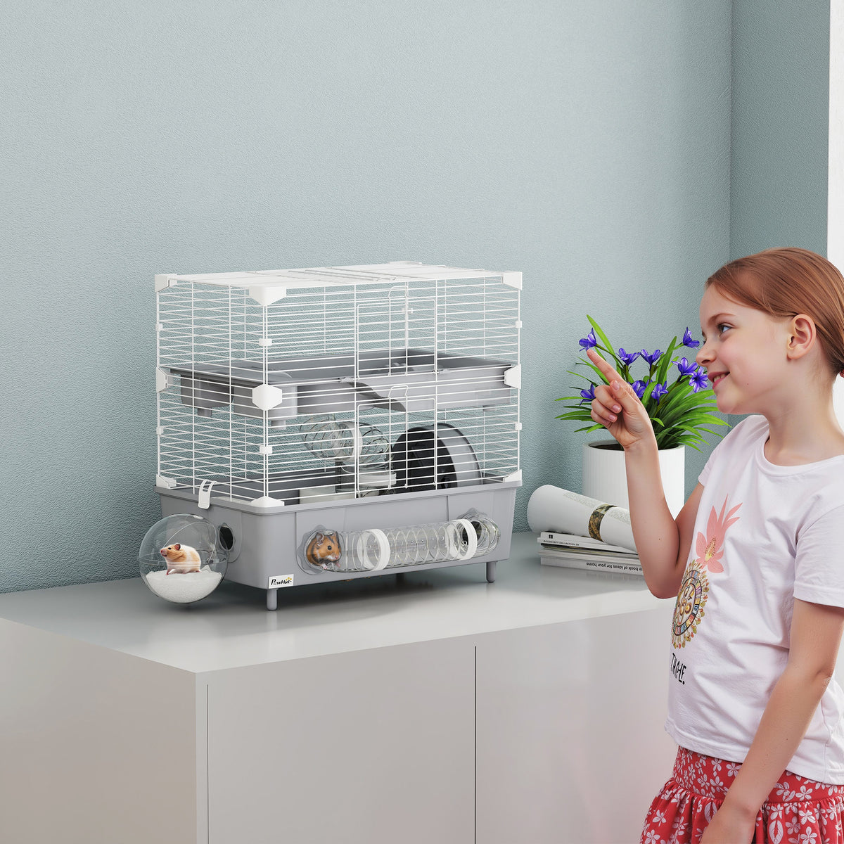 Cage pour hamster  à 2 niveaux avec roue de course salle de bain en sable pour hamster nain 44,5 x 28 x 44 cm gris-1