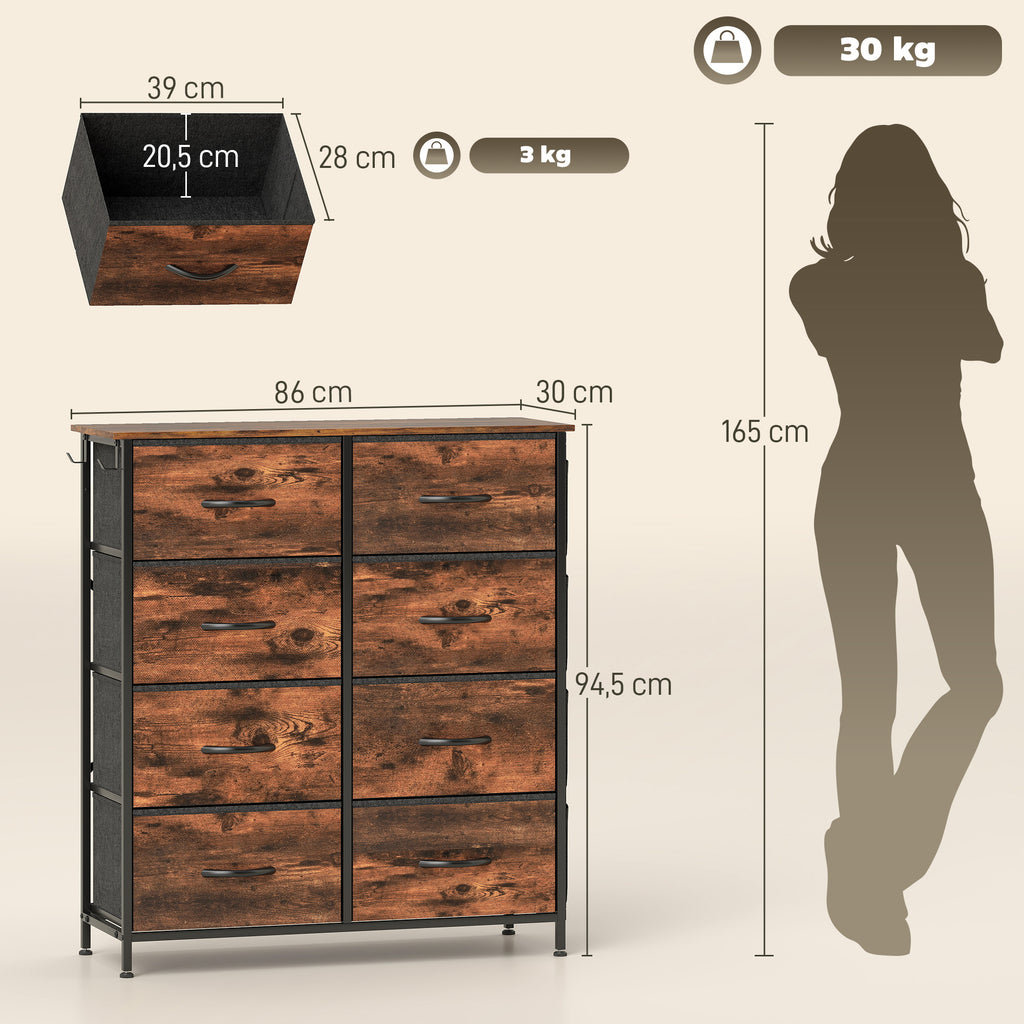 Commode 8 tiroirs en tissu, meuble de rangement, 4 poches, 2 crochets, structure en acier, 86x30x94,5cm, brun rustique-2