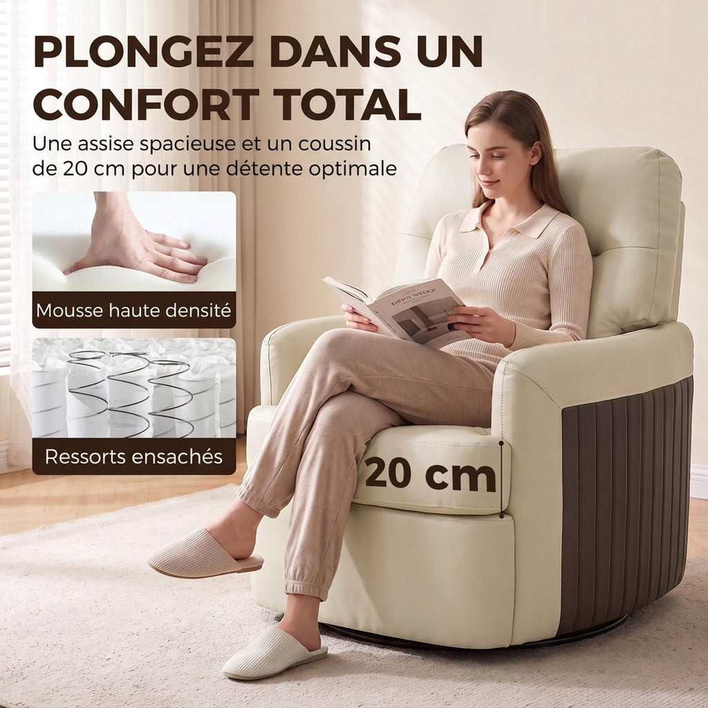 Fauteuil de Salon Pivotant à 360°, Fauteuil Lounge en PU avec Assise Large, Accoudoirs Incurvés, Crème-4