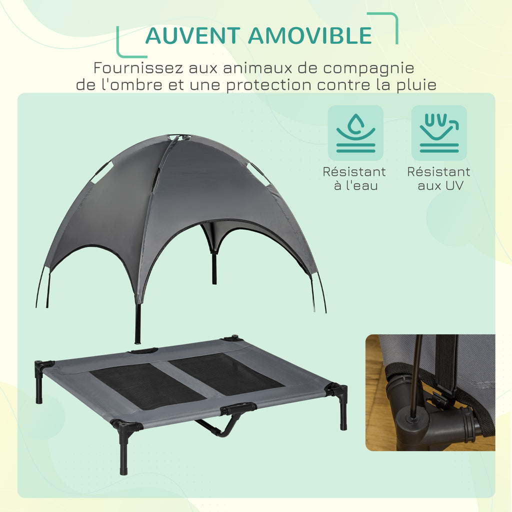 Lit pour chien chat sur pieds grand confort velum anti-UV tissu oxford micro-perforé + parasol + sac de transport inclus dim. 92L x 76l x 90H cm gris noir-4