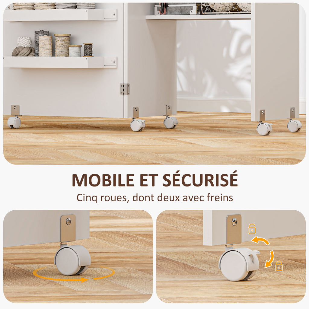 Table de couture pliante meuble couture à abattant avec bacs de rangement, étagère ouverte et roulettes, blanc-6