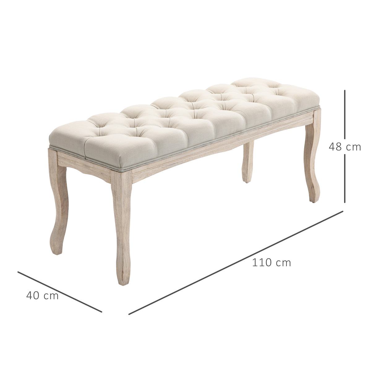 Banc Banquette capitonnée Style Classique 110 cm Bout de lit Rembourrée en lin piètement Bois hévéa sculpté Beige-2