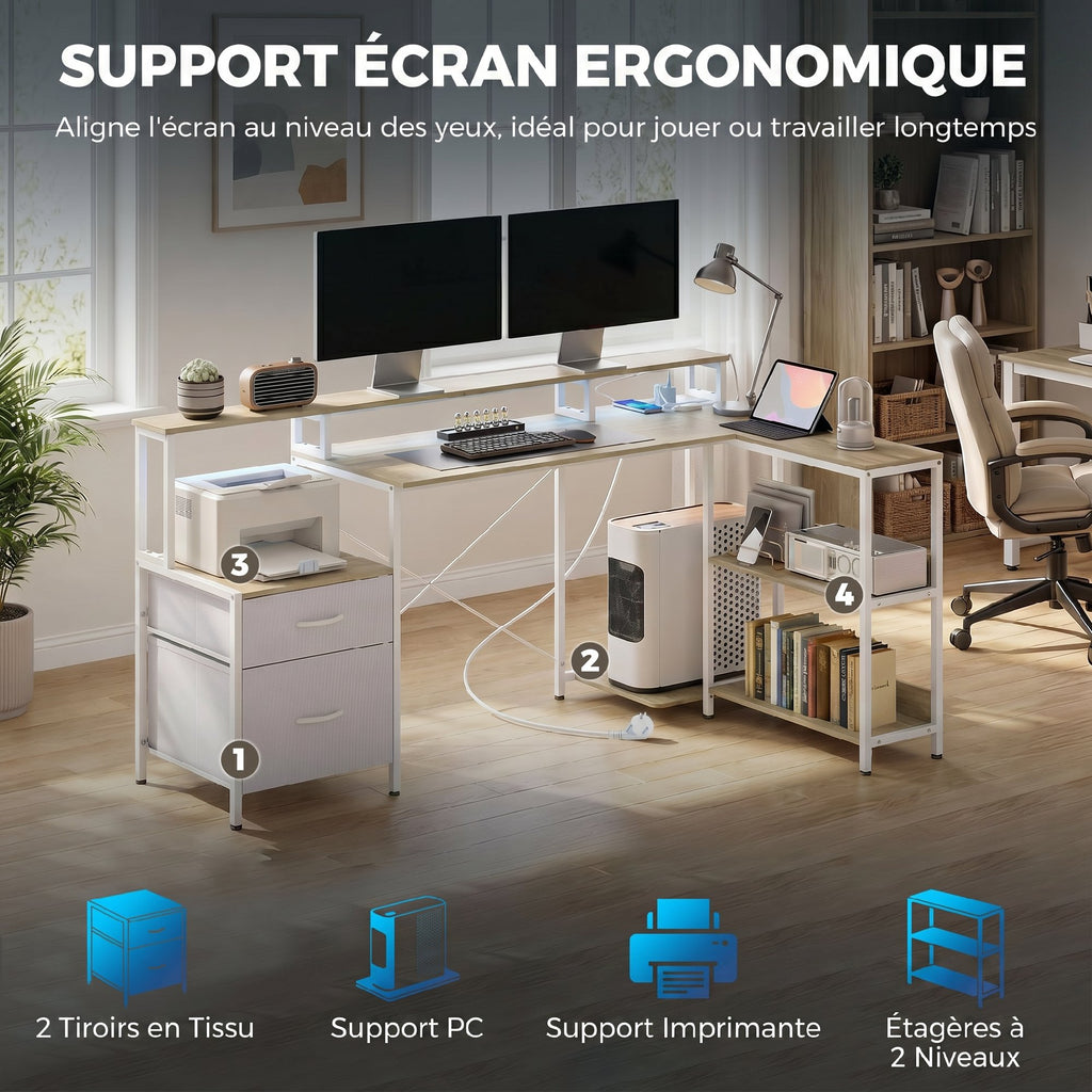 Bureau d'angle avec prises et lumières LED RGB, bureau d'ordinateur, 172 x 100 cm, support d'écran, 2 tiroirs, blanc-3