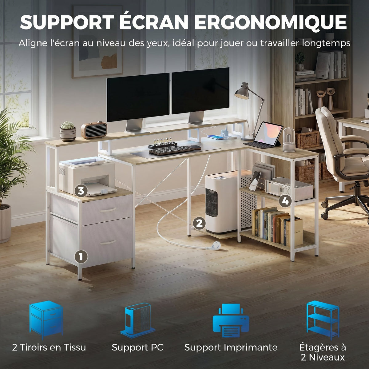 Bureau d'angle avec prises et lumières LED RGB, bureau d'ordinateur, 172 x 100 cm, support d'écran, 2 tiroirs, blanc-3