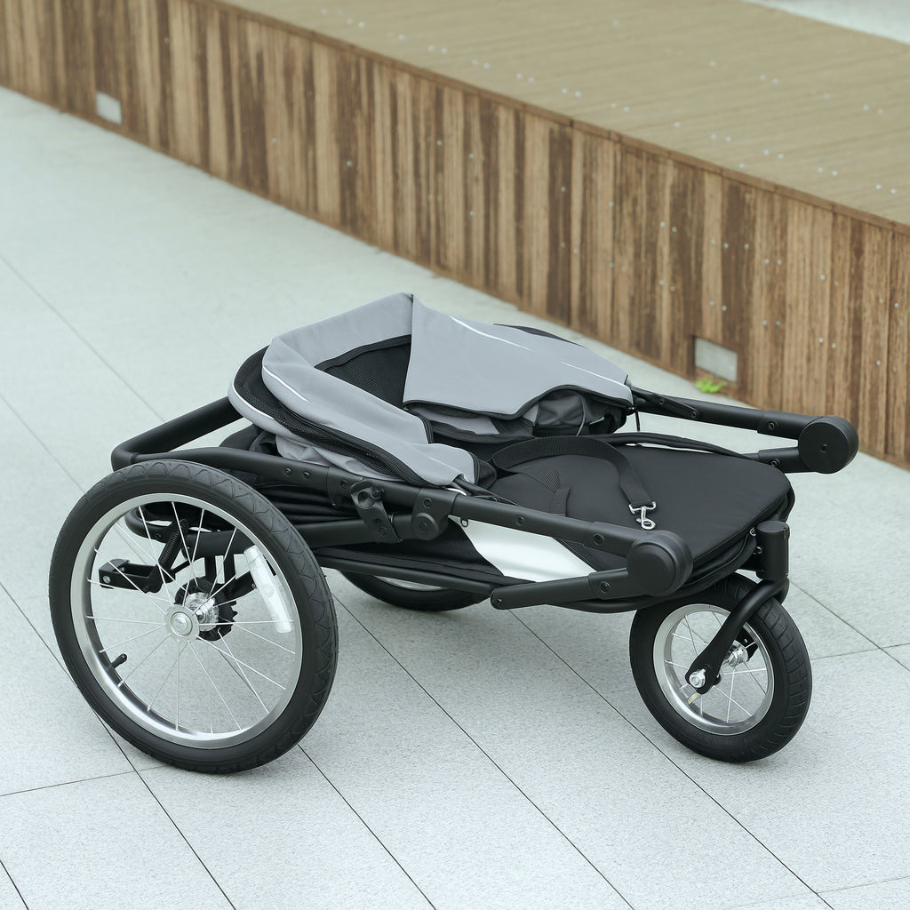 Poussette pour chien 3 roues avec pliage facile, sac de rangement, coussin souple, laisse de sécurité, gris-7