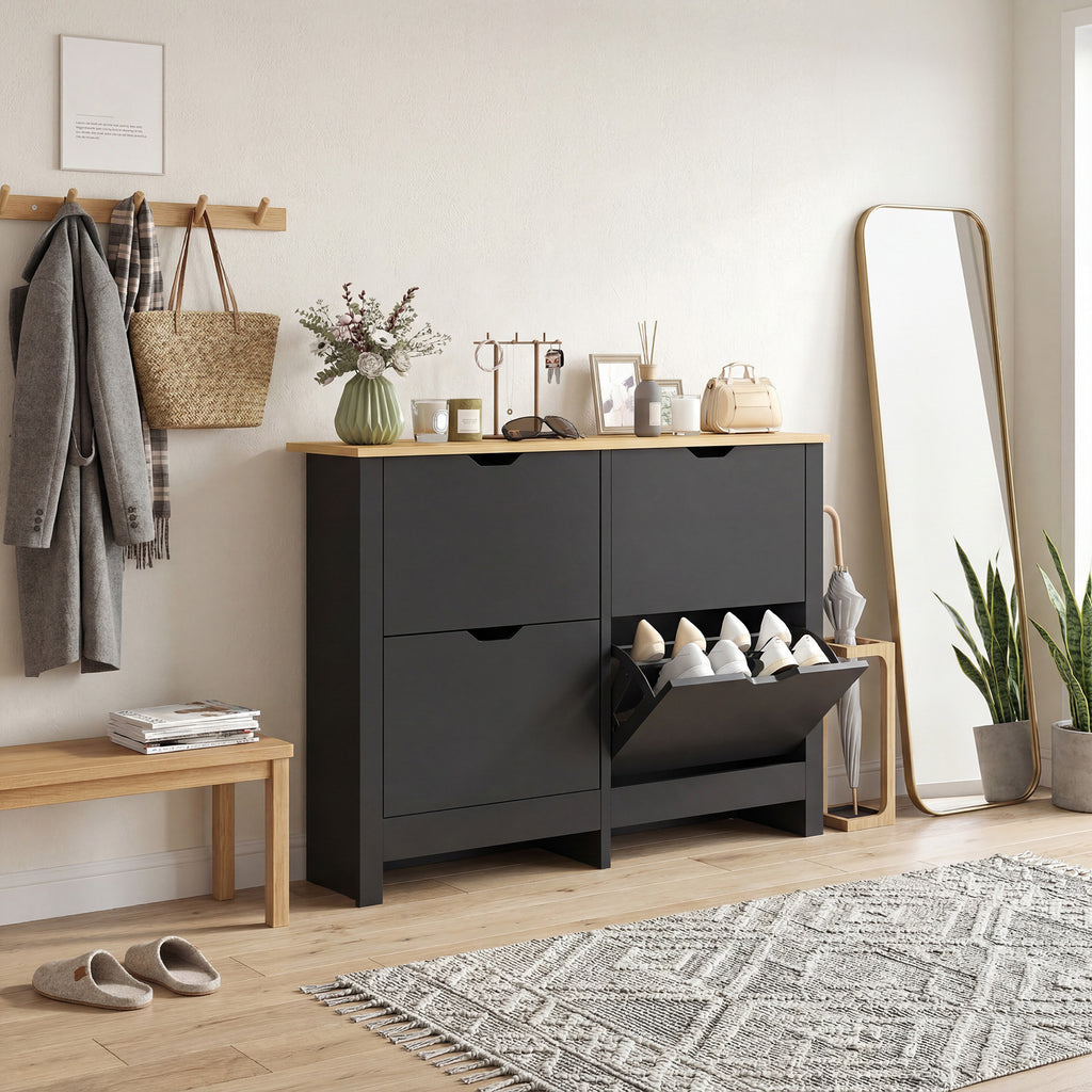 Meuble à chaussures 16 paires, armoire à chaussures avec 4 tiroirs rabattables étagères réglables, noir et bois naturel-8