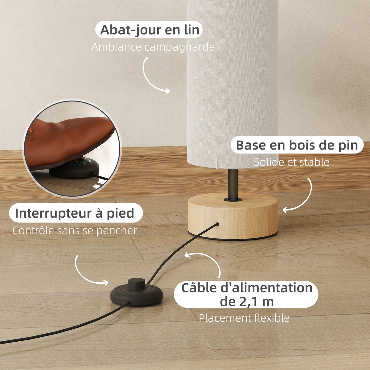 Lampadaire sur pied de salon avec abat-jour en lin, interrupteur à pied, 2 x douille E27, 120 cm, beige-4