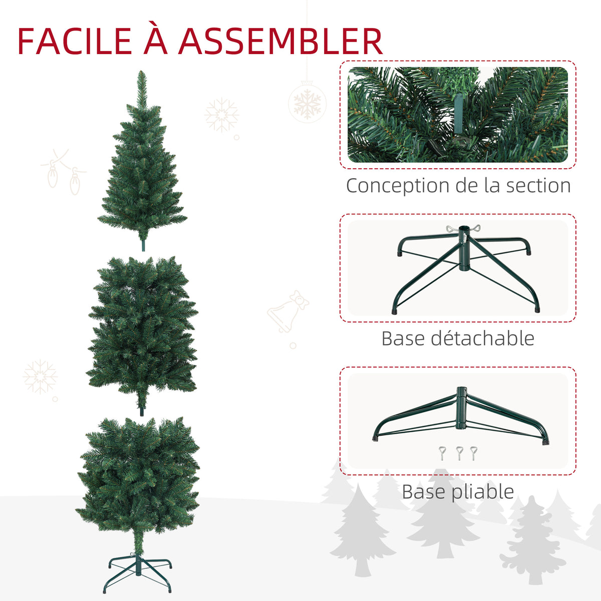 Sapin de Noël Artificiel 180 cm Arbre de Noël Slim avec support en acier pliable, 479 branches épines Vert-5