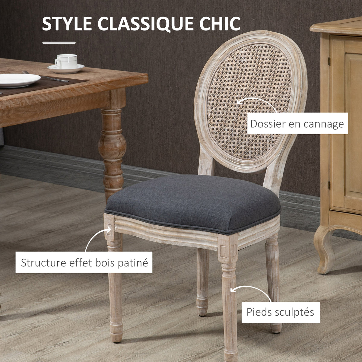 Lot de 4 chaises de Salle à Manger - Chaise de Salon médaillon Style Louis XVI - Bois Massif sculpté, patiné-3