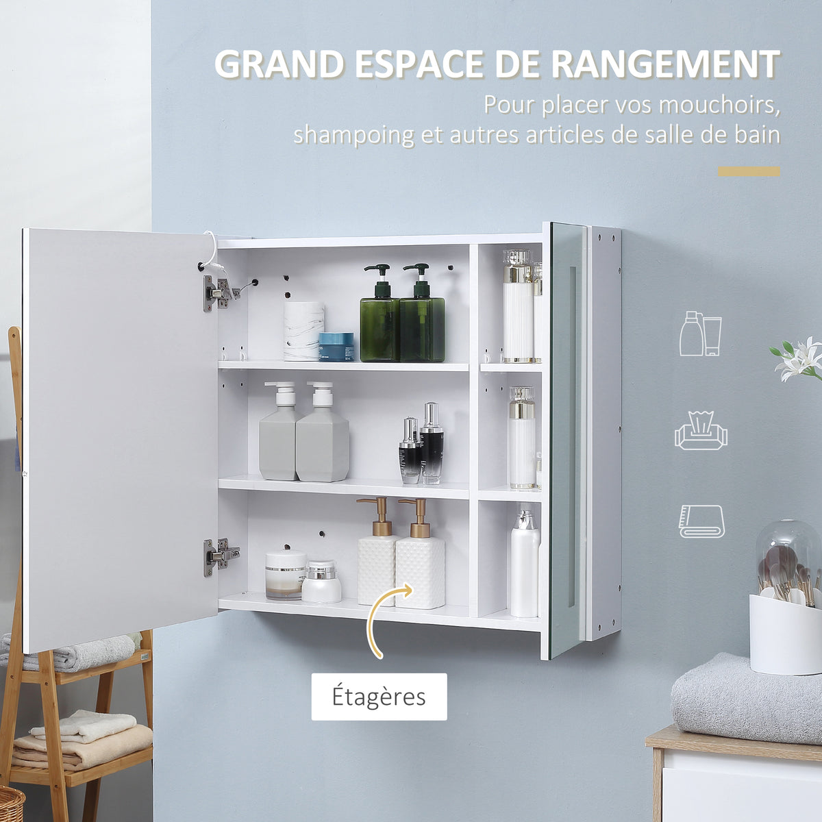 Armoire murale miroir lumineux LED salle de bain 2 portes avec 3 niveaux 70 x 15 x 65 cm blanc-4