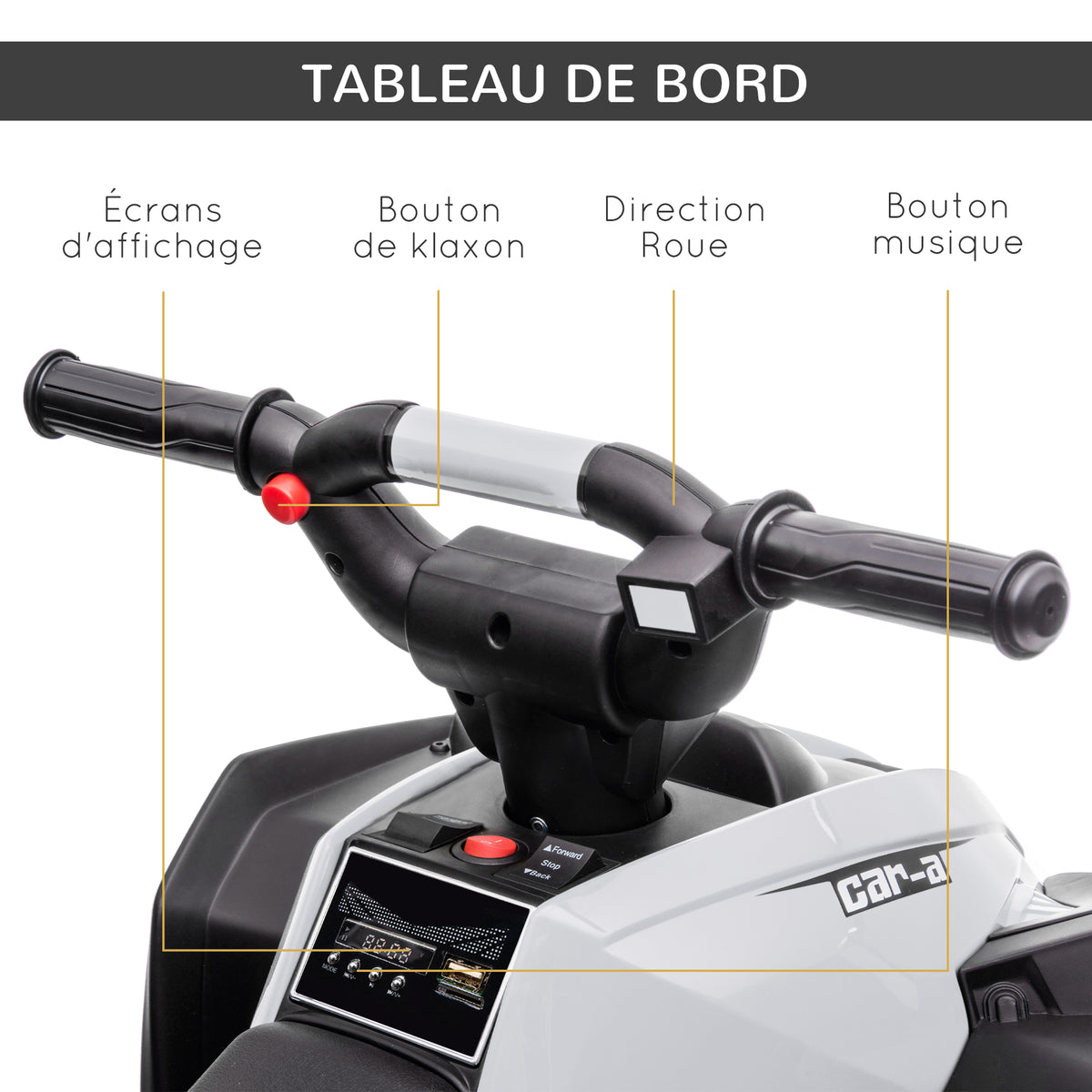 Quad buggy électrique enfant 12 V 6 Km/h max. effets lumineux selle pour enfant 3-5 ans métal PP noir blanc-5