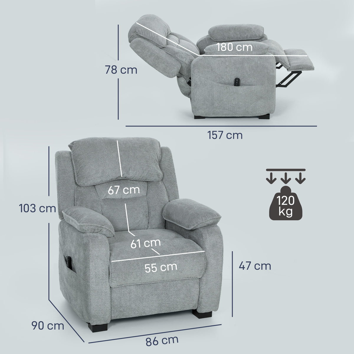 Fauteuil relax électrique fauteuil inclinable port USB repose-pieds poches latérales télécommande 86x90x103cm gris clair-2