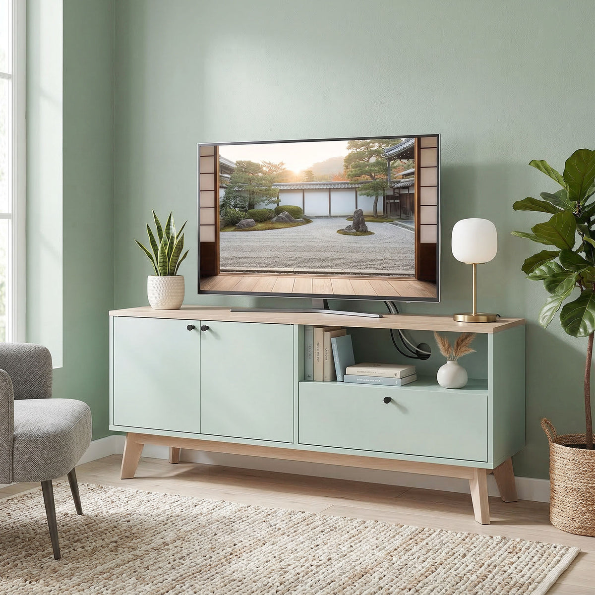 Meuble TV 120 cm, meuble télé pour téléviseur jusqu'à 36 pouces avec 2 portes, tiroir, compartiment ouvert, vert clair-1