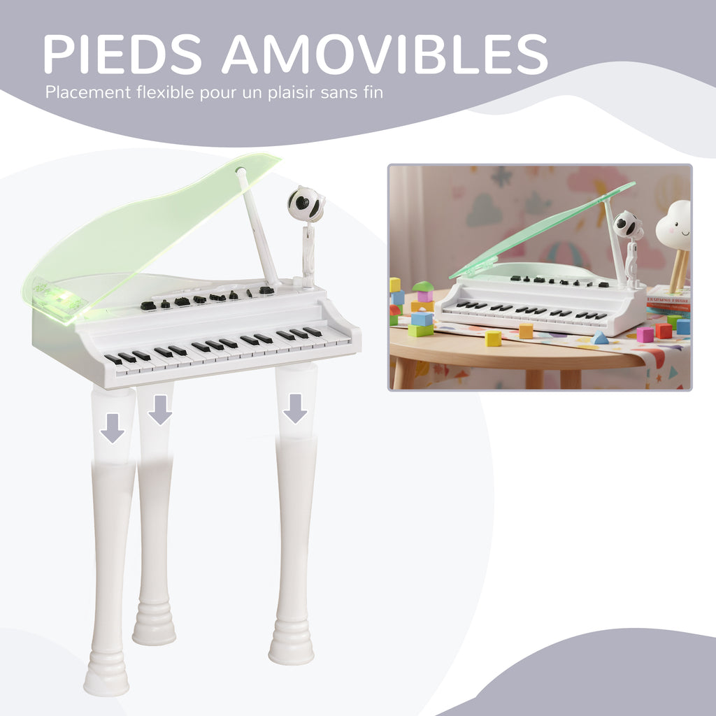 Piano enfant électronique 32 touches multifonctions avec micro haut parleur tabouret couvercle lumineux LED blanc-5
