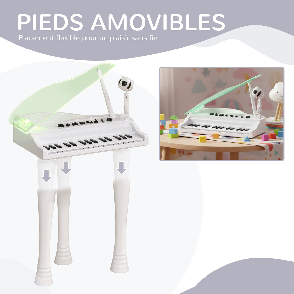 Piano enfant électronique 32 touches multifonctions avec micro haut parleur tabouret couvercle lumineux LED blanc-5