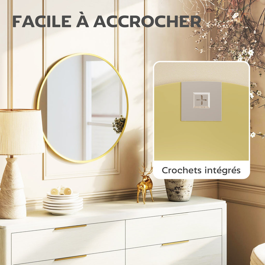 Miroir mural rond Ø 61 cm, cadre en alliage d'aluminium, pour salle de bain, chambre, salon, couloir, doré-5