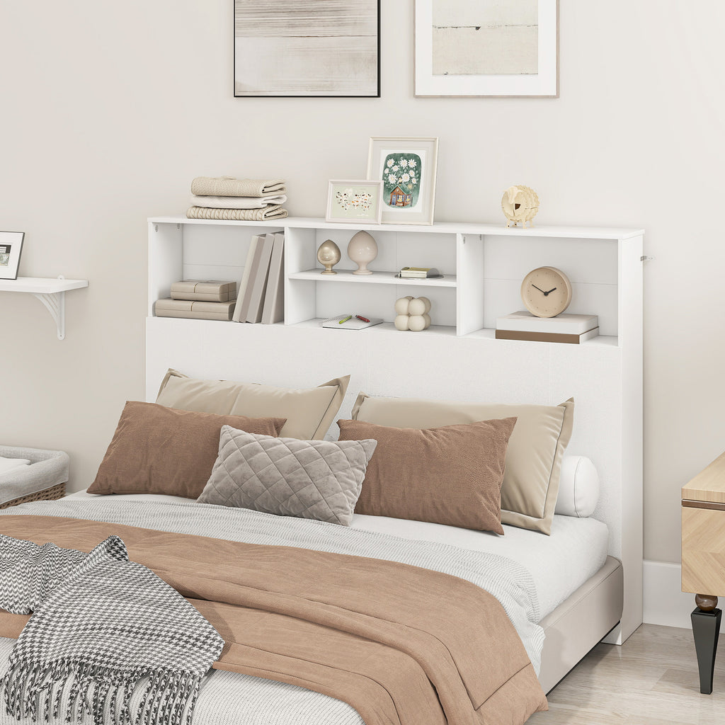 Tête de lit sur pied avec rangements, accessoire de lit 4 compartiments ouverts, 140 x 19 x 103,5 cm, blanc-1