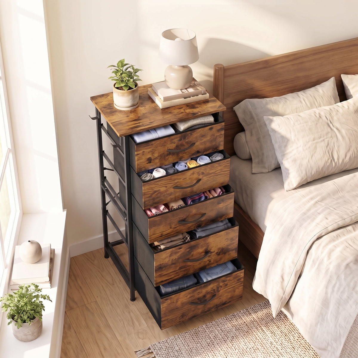 Commode 5 Tiroirs en Tissu Pliables, Commode Chambre Adulte avec Poches Latérales et 2 Crochets, Brun Rustique-8