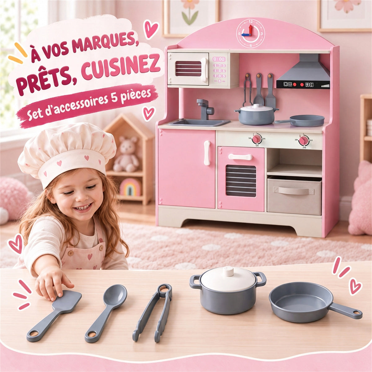 Cuisine Enfant avec Lumières et Sons, Cuisine de Jeu avec Tiroir en Tissu et 5 Accessoires, pour Enfants 3-6 Ans, Rose-5