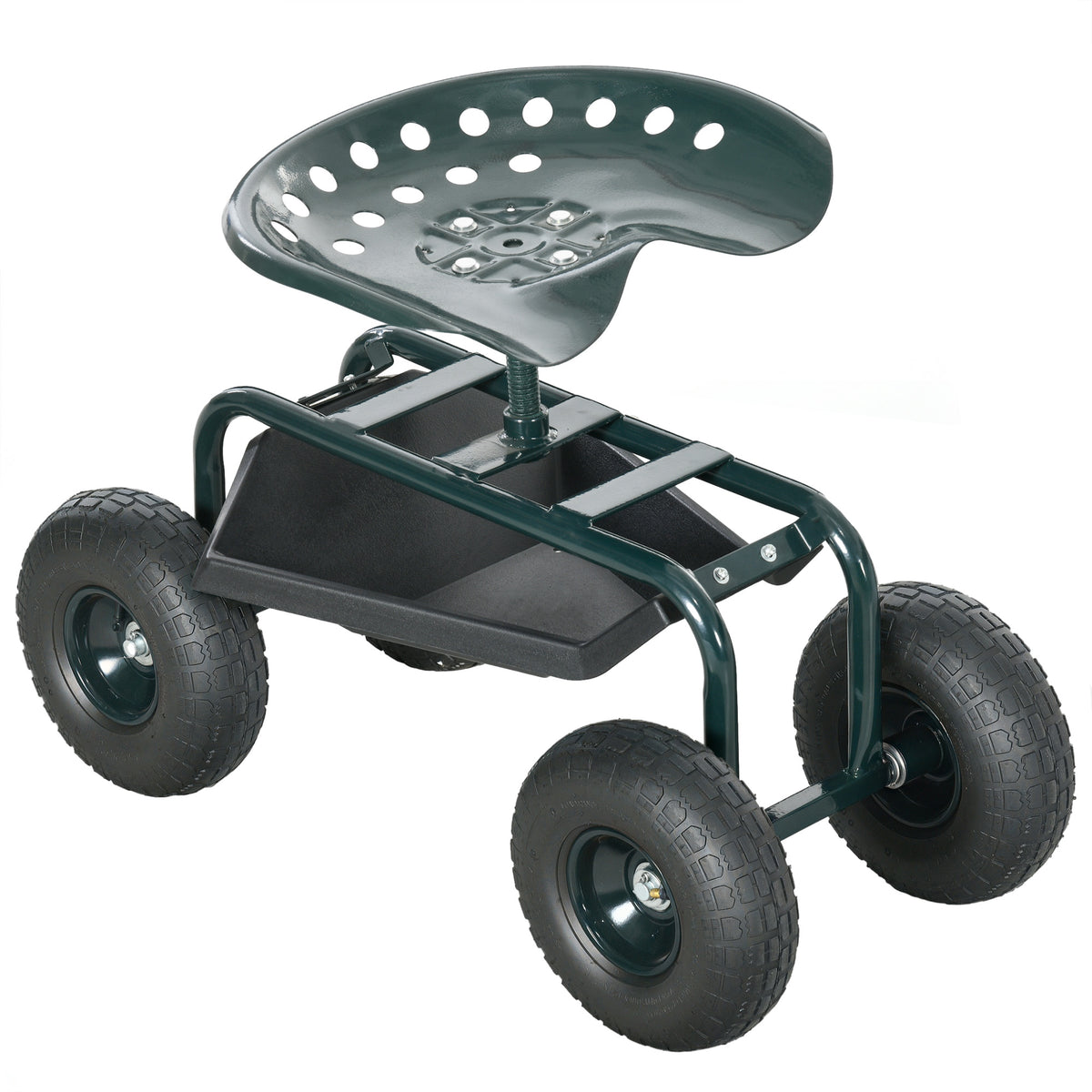 Siège de jardin chaise roulante pivotant à 360° et réglable en hauteur avec plateau à outils charge max. 150 Kg vert-0