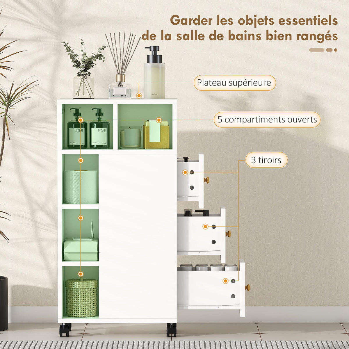 Meuble de salle de bain à roulettes, meuble de rangement étroit, 3 tiroirs, 5 compartiments ouverts,  20x40x80cm, blanc-3