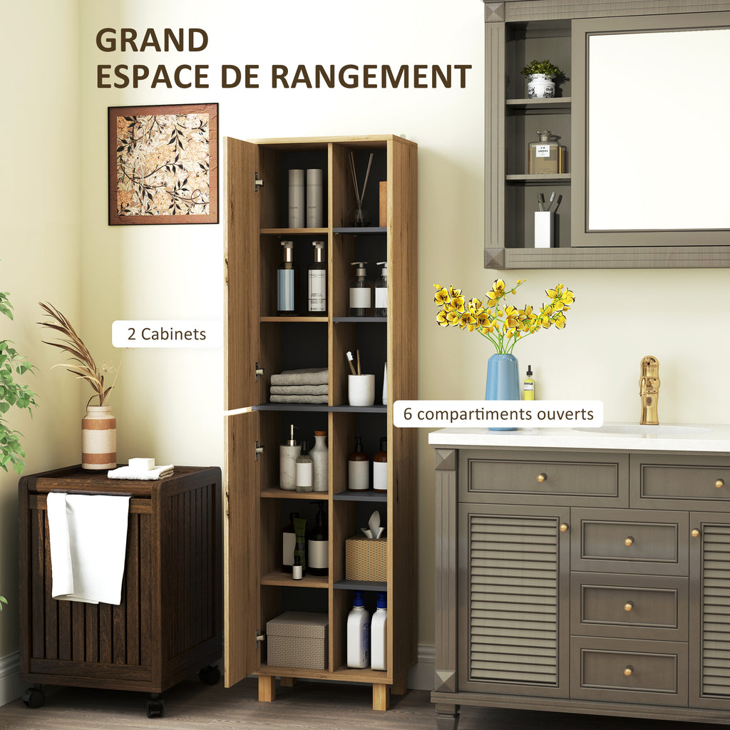 Meuble colonne salle de bain, armoire de salle de bain avec 6 compartiments ouverts et 2 placards, bois naturel-3