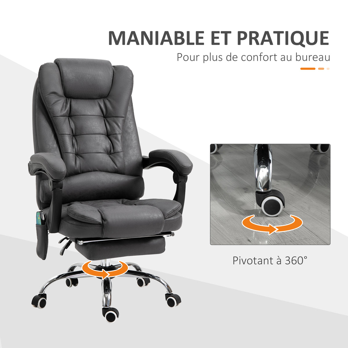 Fauteuil de bureau massant chauffant hauteur réglable dossier inclinable repose-pied + coussin lombaires intégrés-6