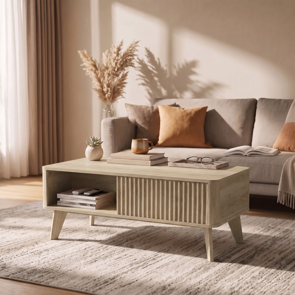 Table Basse Relevable, Compartiment Caché, 2 Étagères Ouvertes, Coins Arrondis, Style Mid-Century, 100x48x41cm, Chêne-8