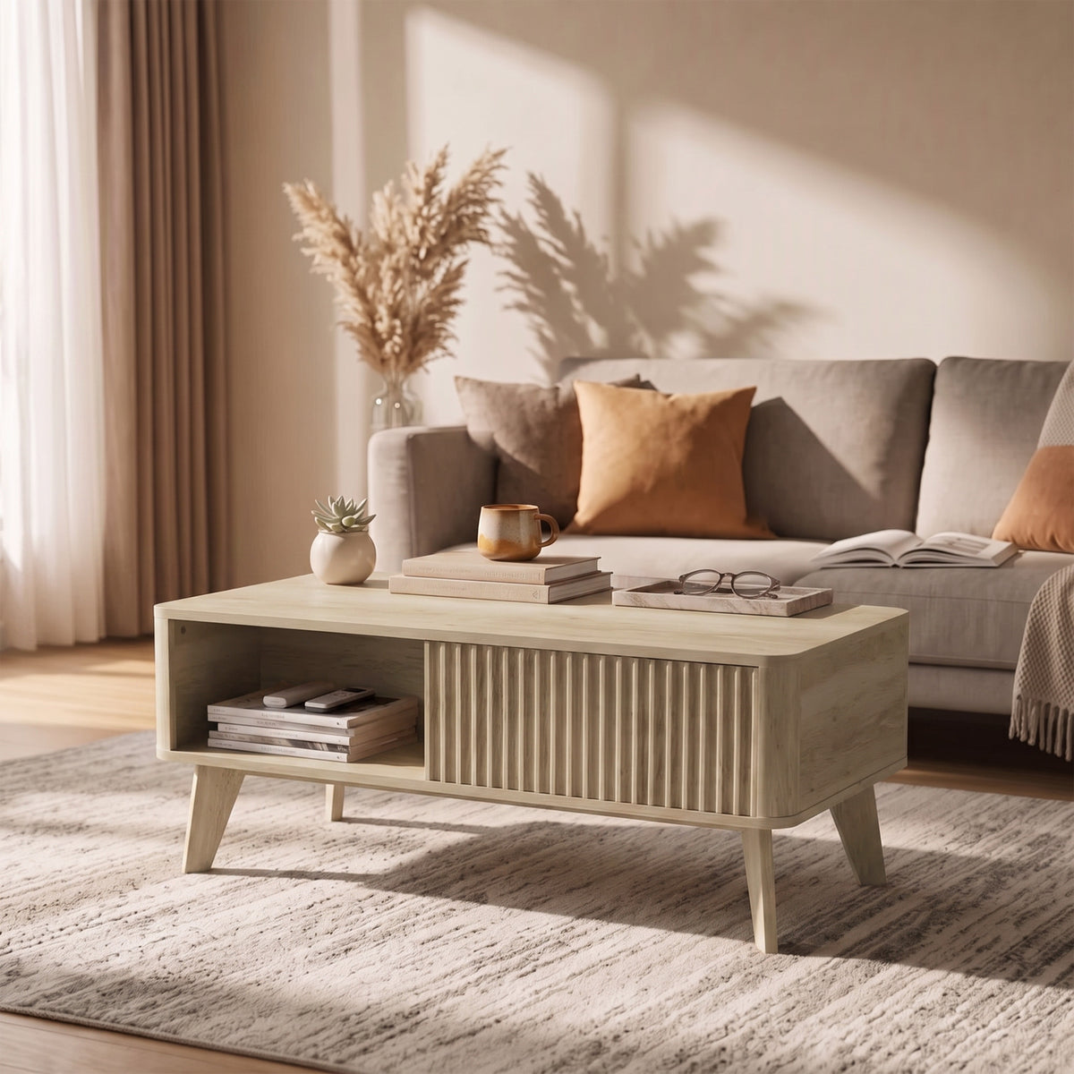 Table Basse Relevable, Compartiment Caché, 2 Étagères Ouvertes, Coins Arrondis, Style Mid-Century, 100x48x41cm, Chêne-8