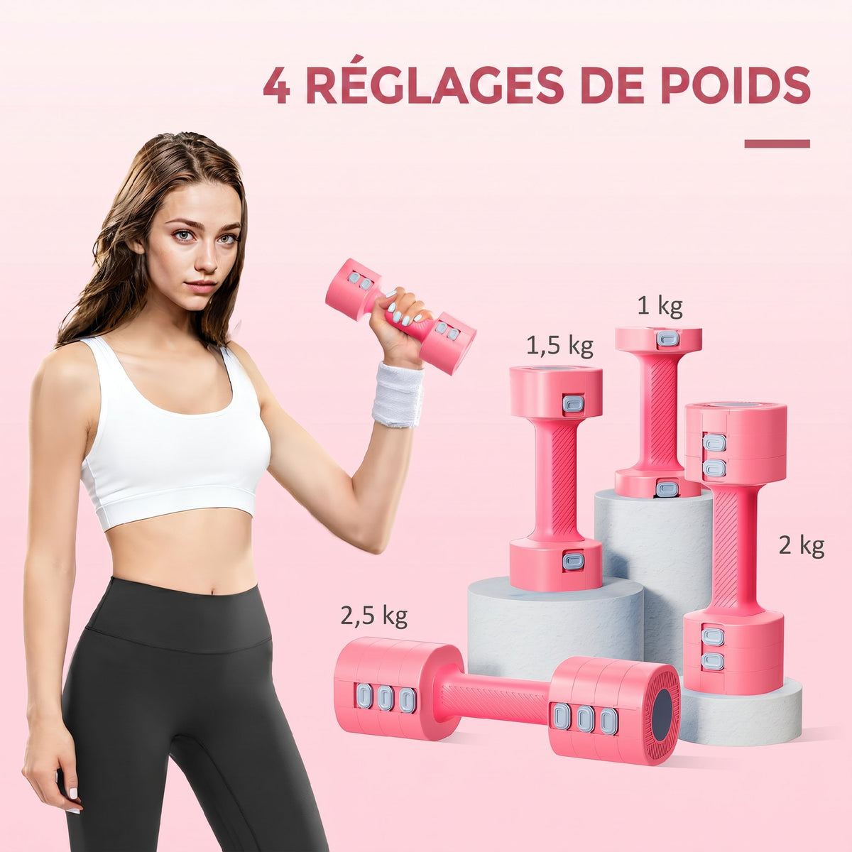 Ensemble d'Haltères Réglables 5 kg 4 en 1, Paires d'Haltères 1kg/1,5kg/2kg/2,5kg avec Poignée Antidérapante, Rose Cerise-3